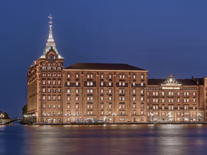 hotel exterior view from water at night