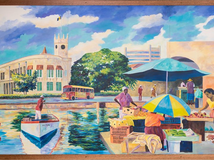Artwork depicting market stalls set up by the harbor, with fisherman on boat