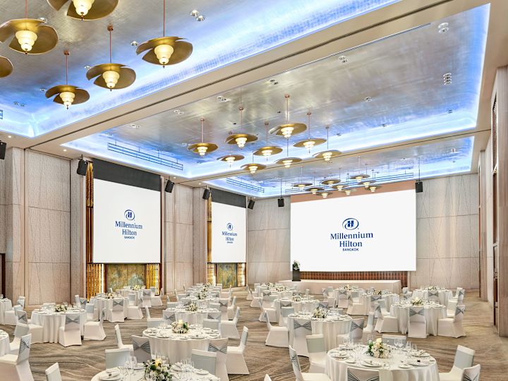Grand Ballroom Setup with Round Tables and Three Projection Screens