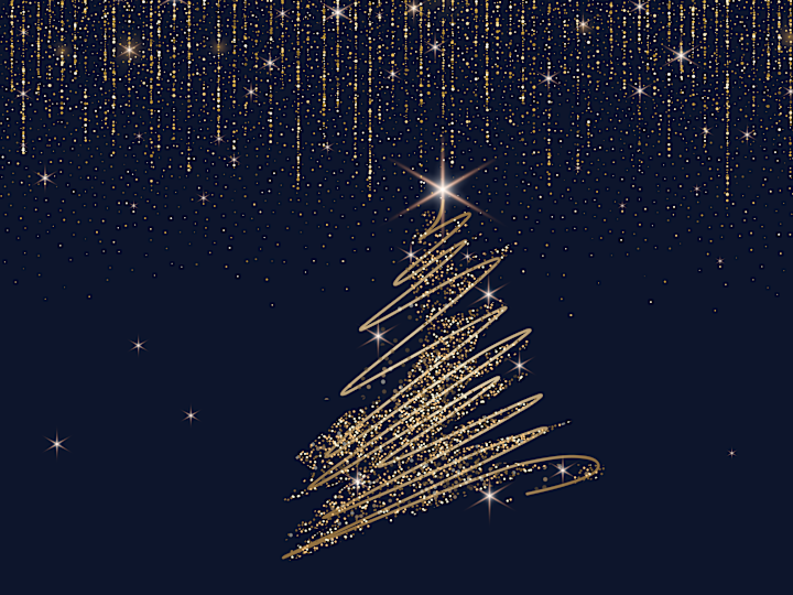 gold sketch of a holiday tree with sparkles on a black background