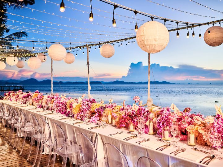 Large Table Setup for a Wedding Celebration at the Beach