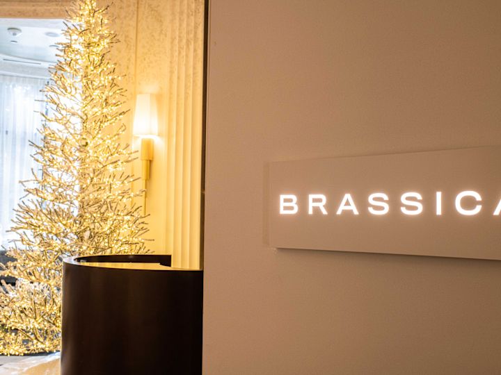 Brassica restaurant sign, holiday tree