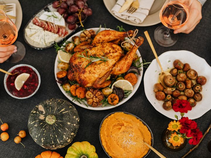 Thanksgiving dinner entrees, glass of wine