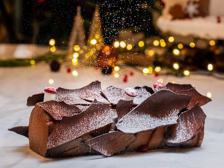 Ledoux restaurant, chocolate log cake with powdered sugar, holiday lights