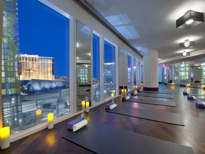 Yoga Mats and Towels in Studio with Night View of Las Vegas