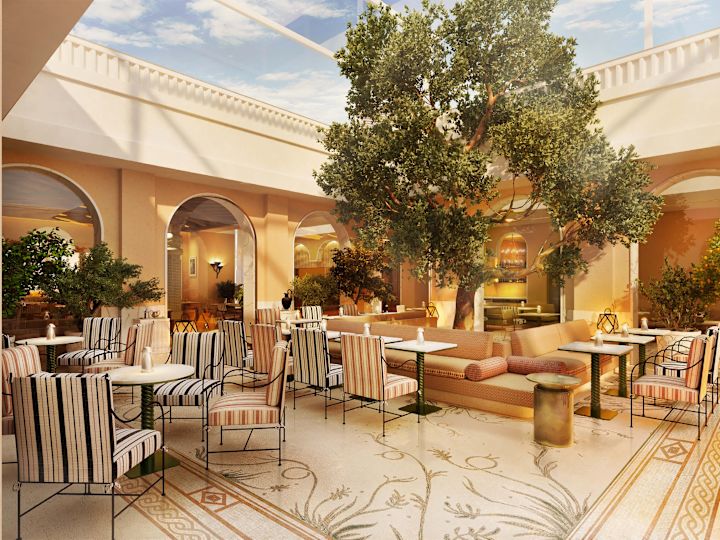 Restaurant with tables, chairs and trees