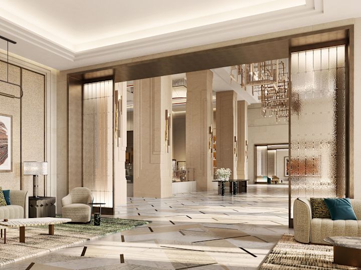 Lobby do hotel e área de espera com cadeiras