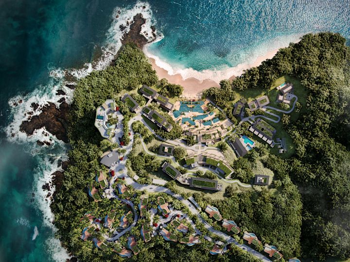 Overhead view of property showing buildings, trees and shoreling