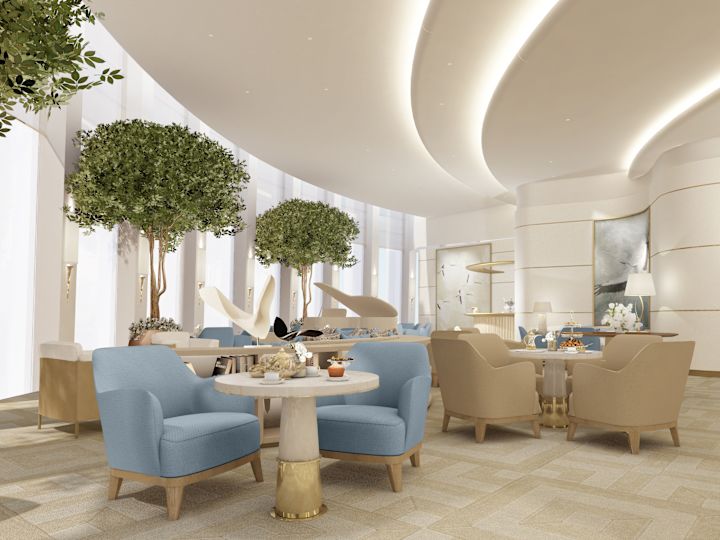 Accès au salon de l'hôtel avec fauteuils et baies vitrées