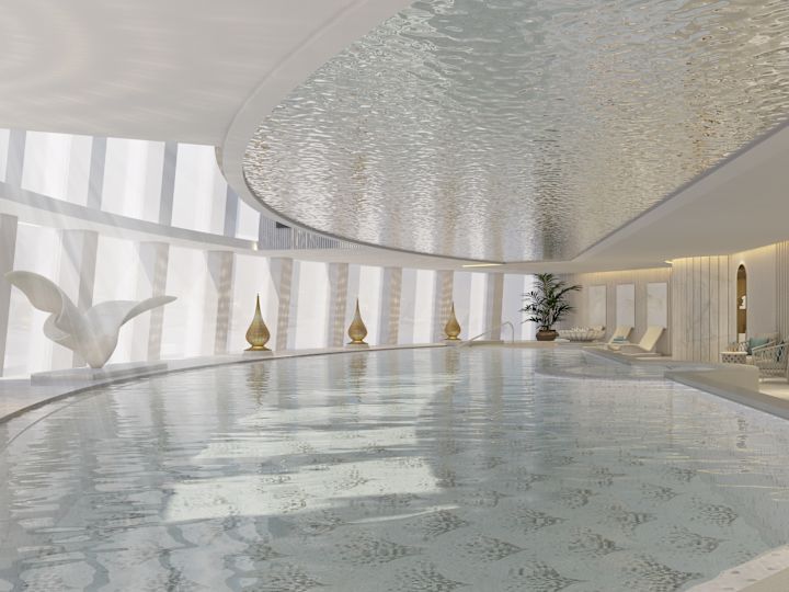 Rendering of indoor swimming pool with natural light from windows