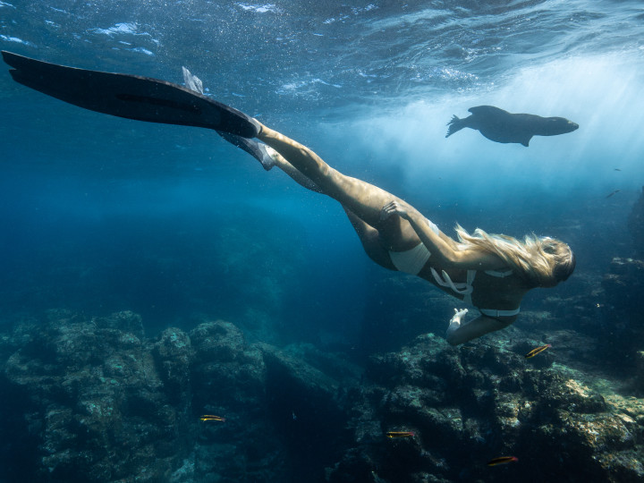 Woman swimming in the sea, with sea life
