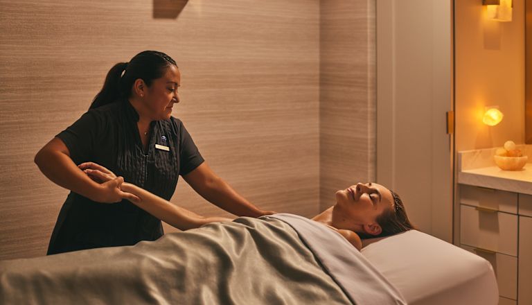 Mujer en una sala de tratamiento de spa recibiendo un masaje del masajista