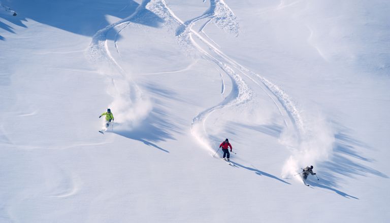 People Powder Skiing on a Mountain