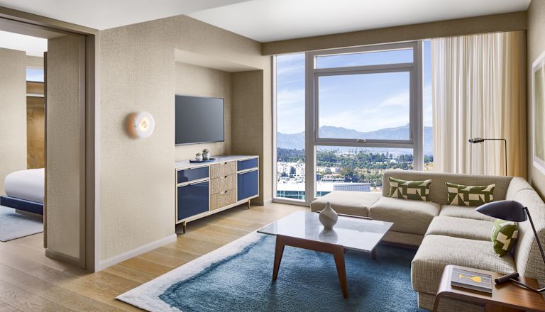 zonă lounge apartament de oaspeți, canapea, televizor, vedere spre fereastră