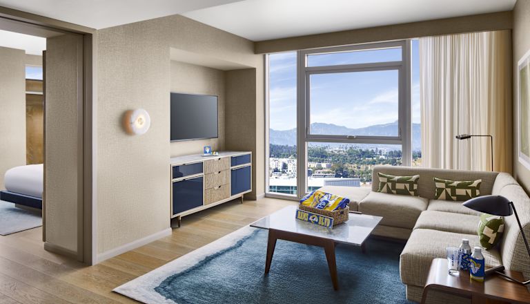 zonă lounge apartament de oaspeți, canapea, televizor, vedere spre fereastră