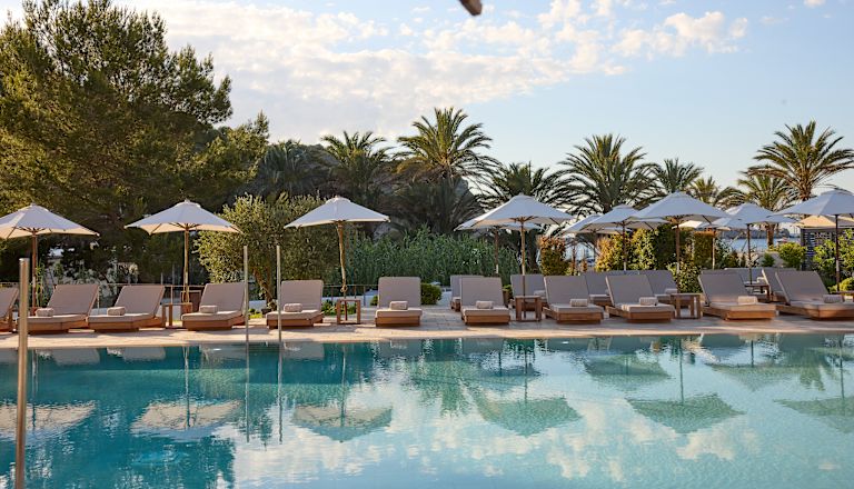 Pool and bathing beds with palm trees in the backdrop