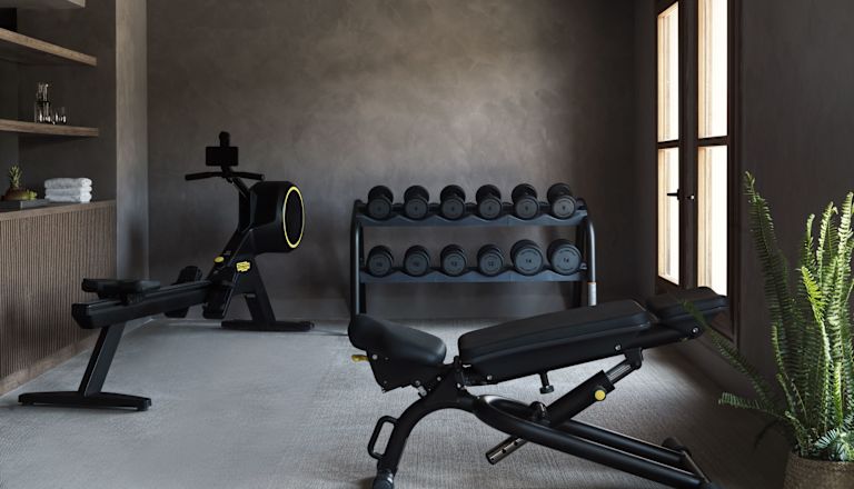 Fitness center with bench and free weights