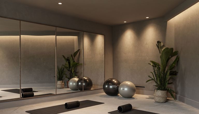 Fitness studio with mats and plant