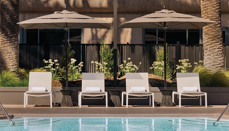 piscină exterioară și scaune pentru lounge