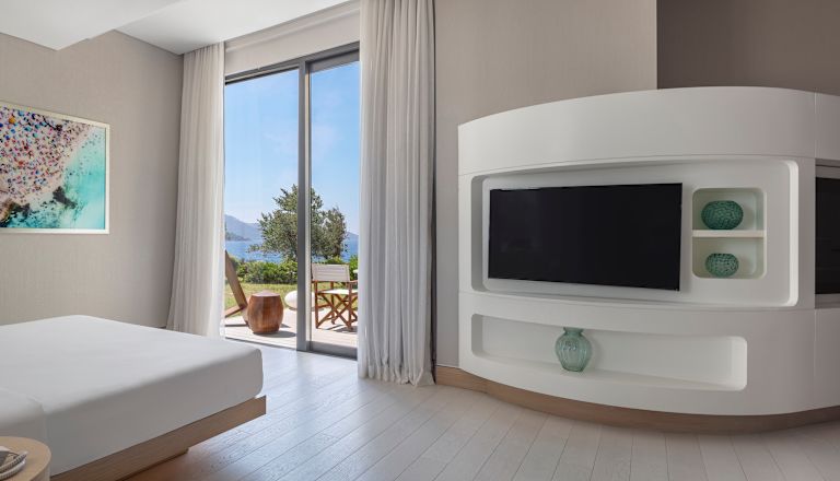 Bed in kamer met tv en uitzicht naar buiten