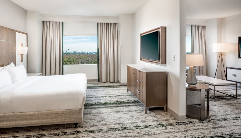 Suite con cama King, televisor, área de lounge y vista al exterior