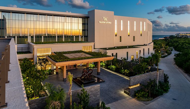 Exterior of hotel building and courtyard
