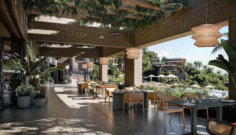Terraza del restaurante de tres tiempos con área de comedor