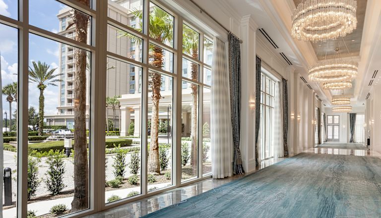 espacio para reuniones, vista desde la ventana del exterior y palmeras