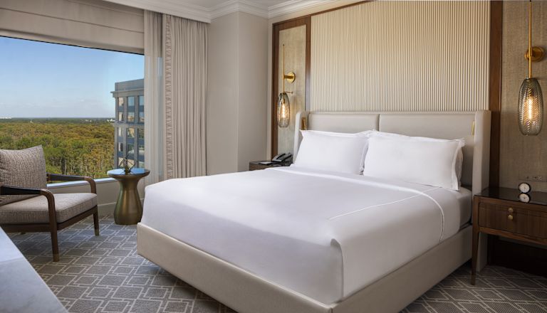 habitación, una cama King, diván, vista a los árboles desde la ventana