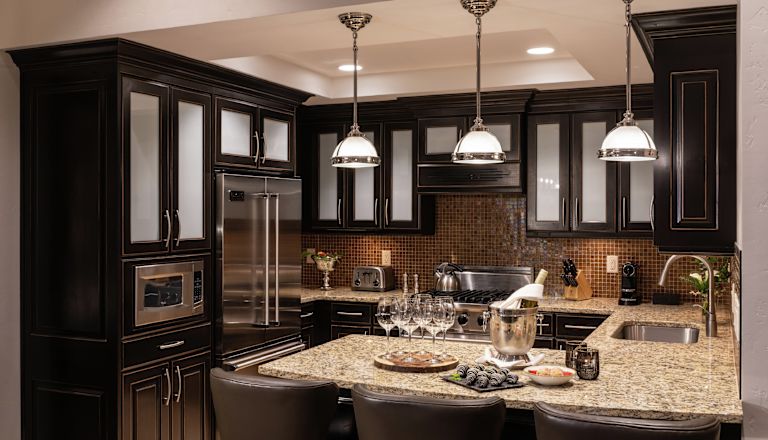 Kitchen area with stools