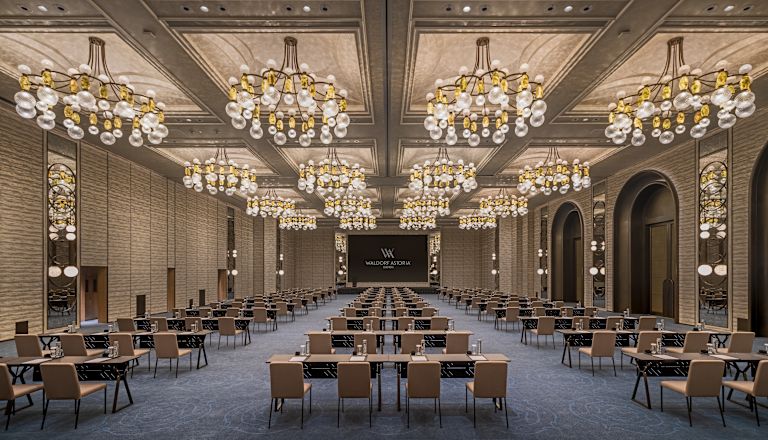 Ballroom Meeting Setup with long tables