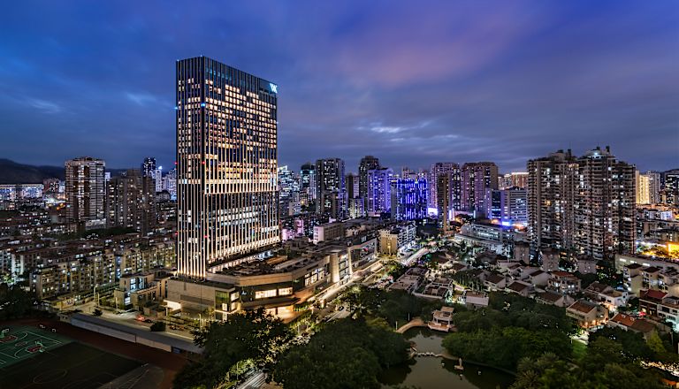 Panoramic View of Hotel Exterior at Night