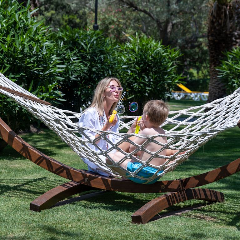 Woman and child on hammock