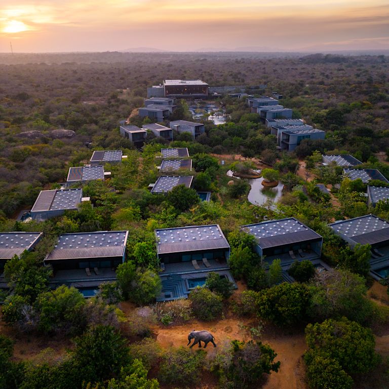 Aerial shot of hotel resort at sunset