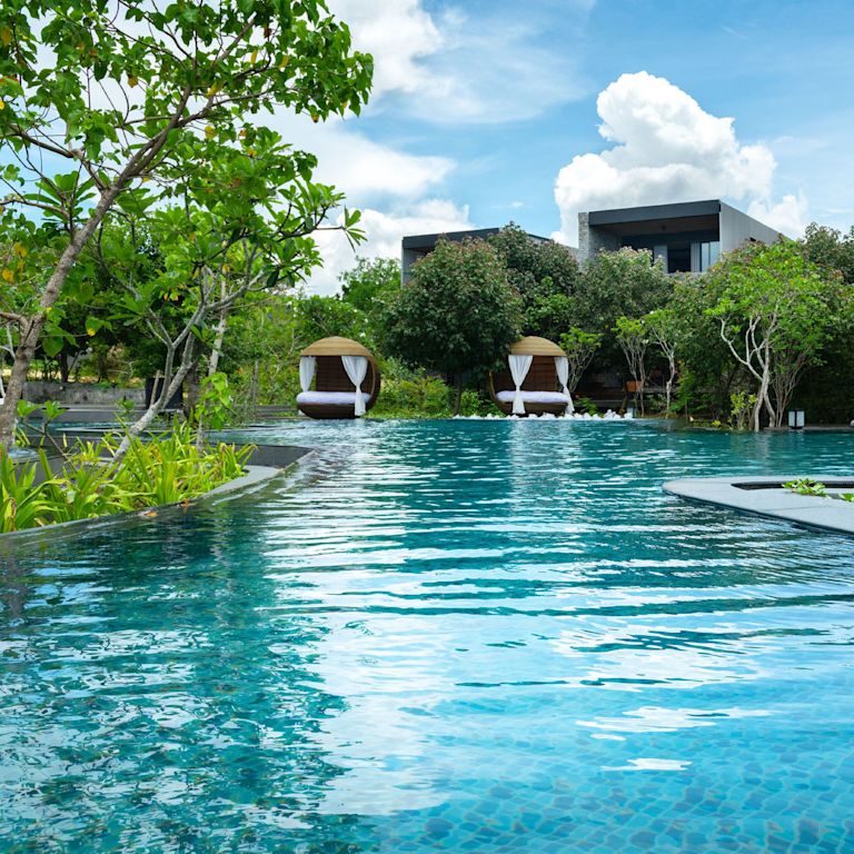 Detail of Outdoor Pool Area with Cabanas