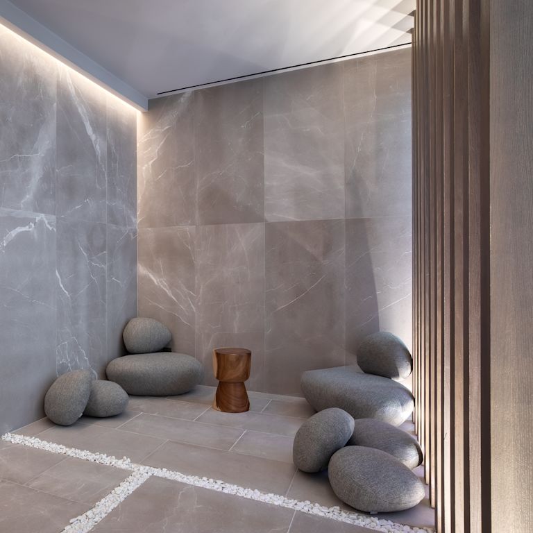 Relaxation area in spa outside of sauna.