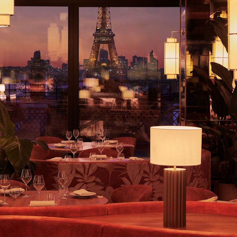 Seating in Kinugawa Restaurant with Eiffel Tower in background