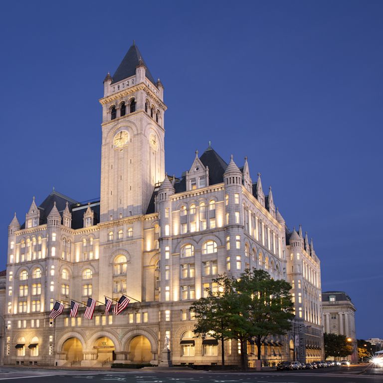 Hotel exterior with flags flying