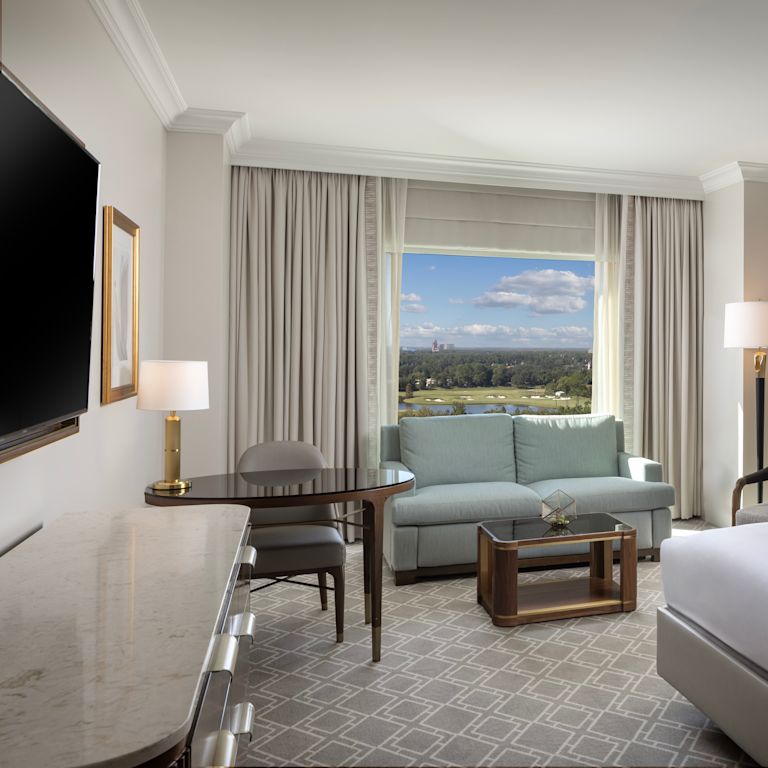 habitación, una cama King, televisor, escritorio, sofá, vista al parque desde la ventana