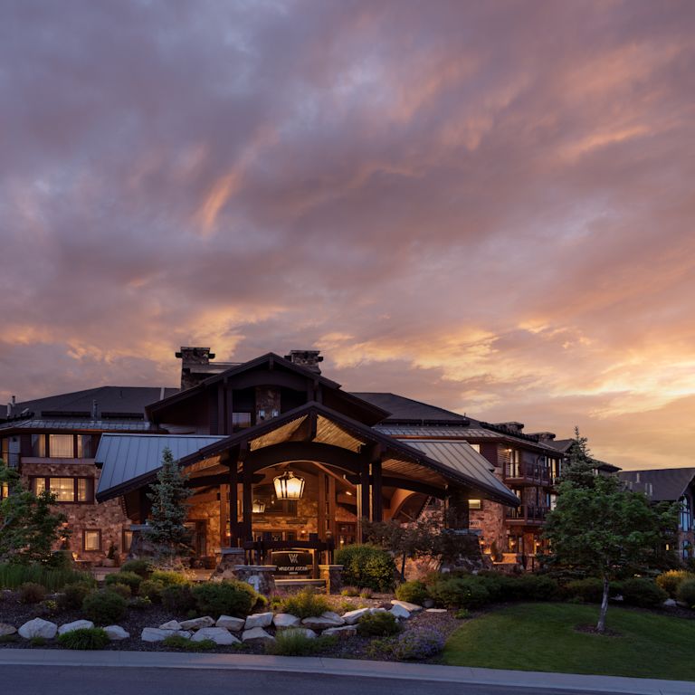 hotel exterior entrance at dusk