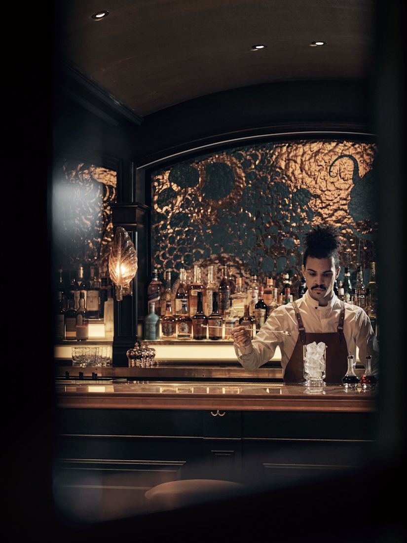 A bartender mixing a drink behind a dimly lit bar with shelves of bottles and intricate wall art.-next-transition