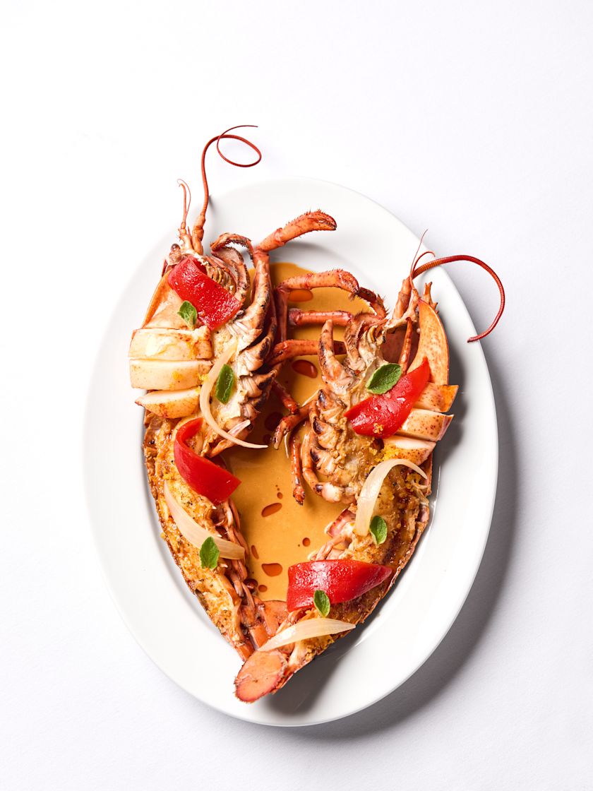 A cooked lobster dish served with sauce and sliced peppers on an oval white plate over a white surface.-next-transition