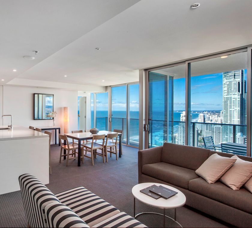 Spacious kitchen and living area with city view