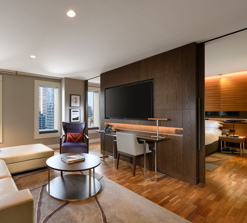 Imagine cu un televizor cu zonă de lounge pe ușa de perete până la dormitor