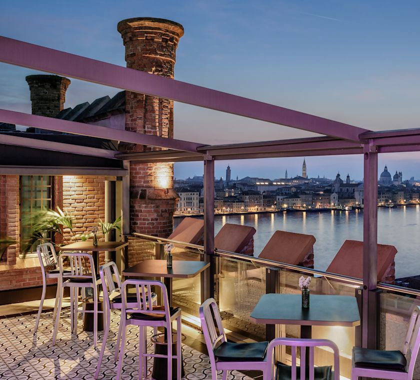 River and city view from Skyline Rooftop Bar at sunset