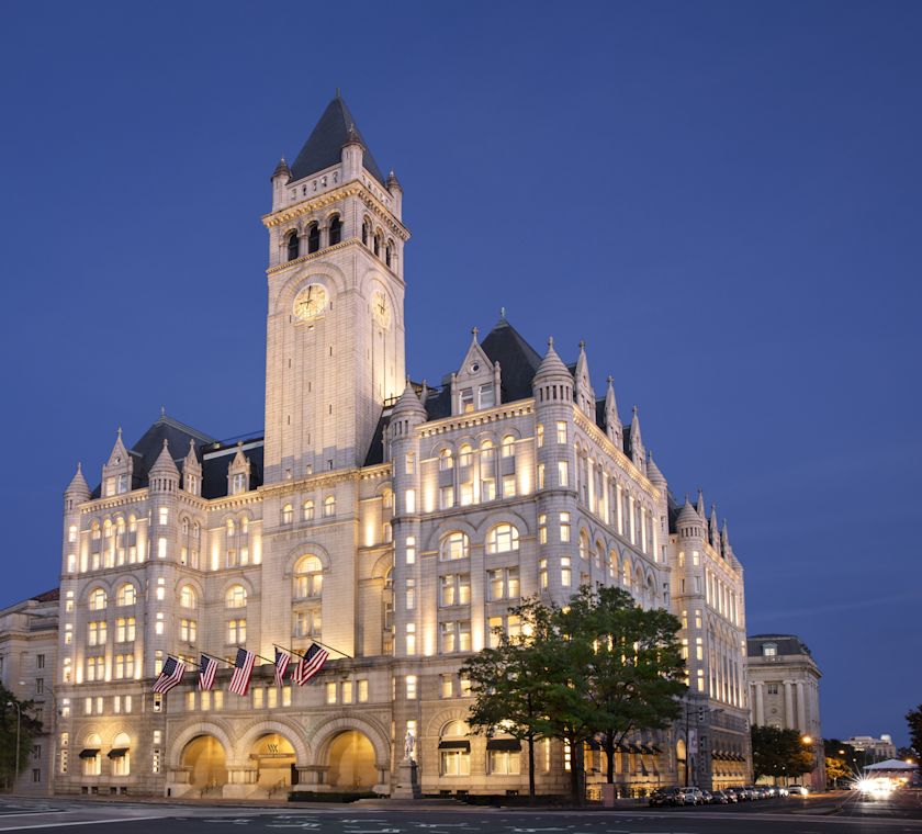 Hotel exterior with flags flying