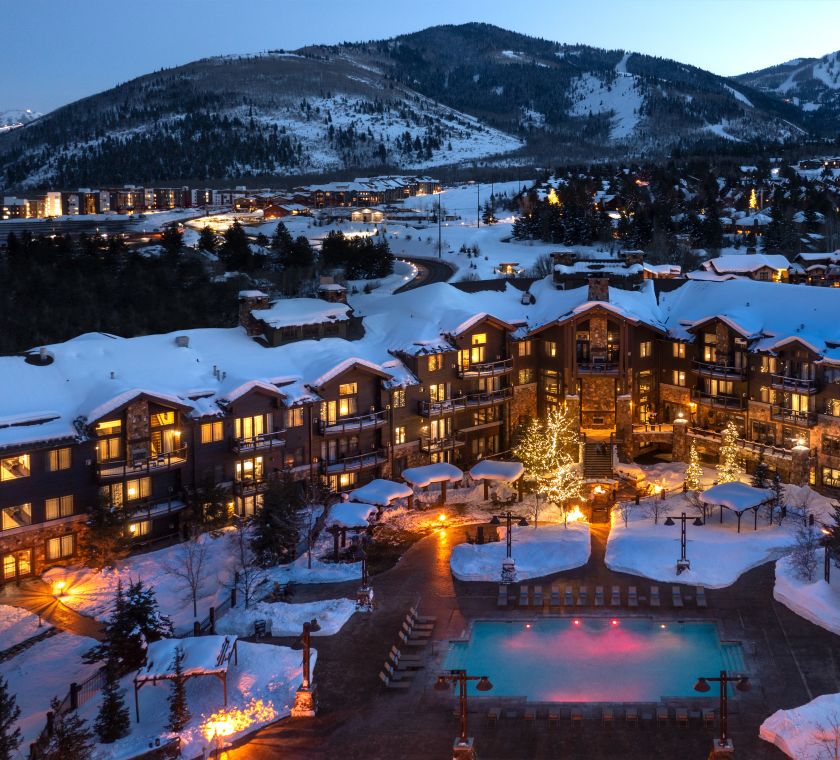 Hotel Exterior in the Evening and View of Park City Mountain