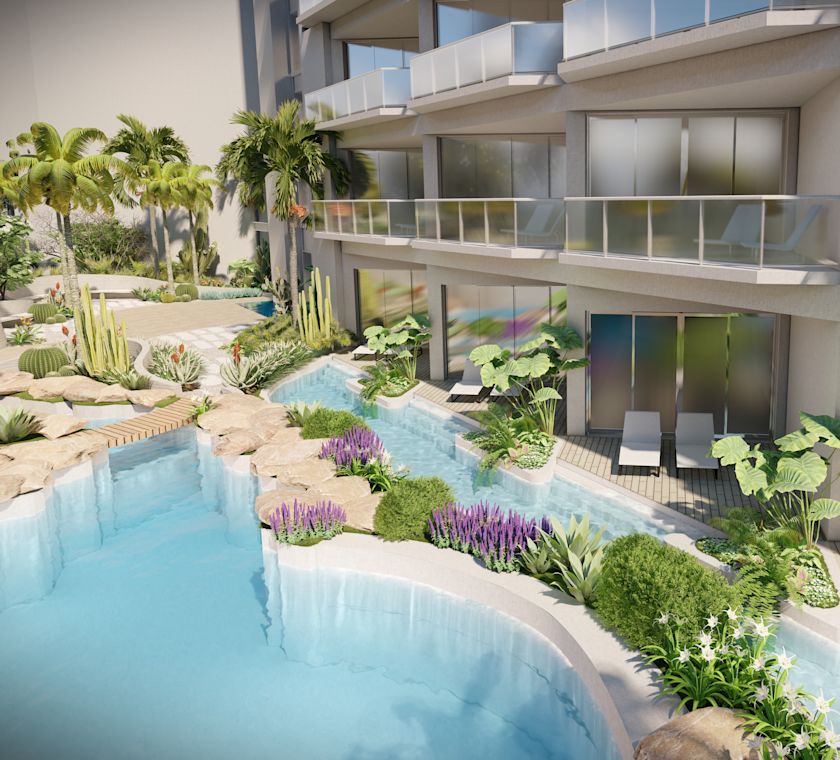 new tower exterior, outdoor pools, lounge chairs