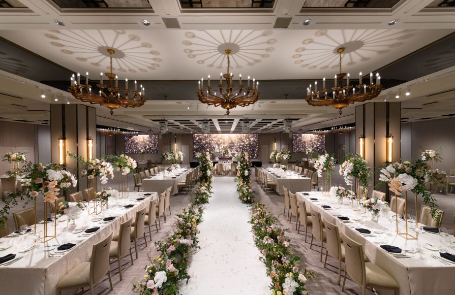 Royal Pavilion Ballroom with tables, chairs and chandeliers-transition