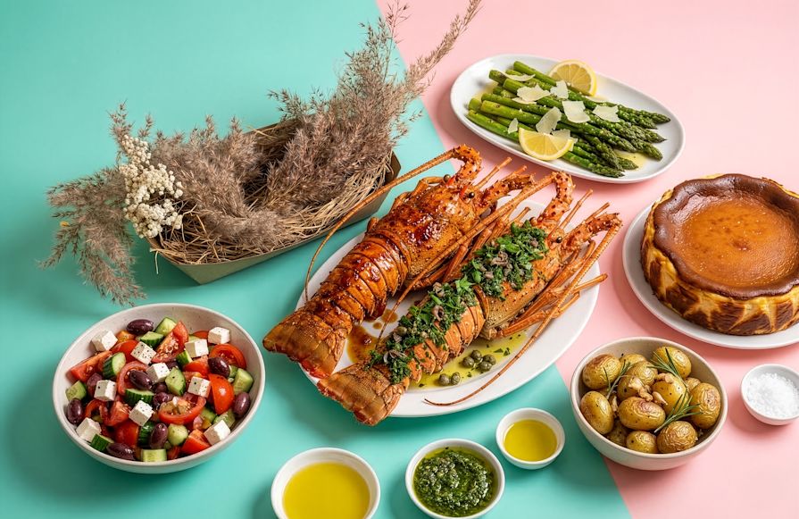 Lagosta, aspargos, batatas, salada e molhos em uma mesa de transição